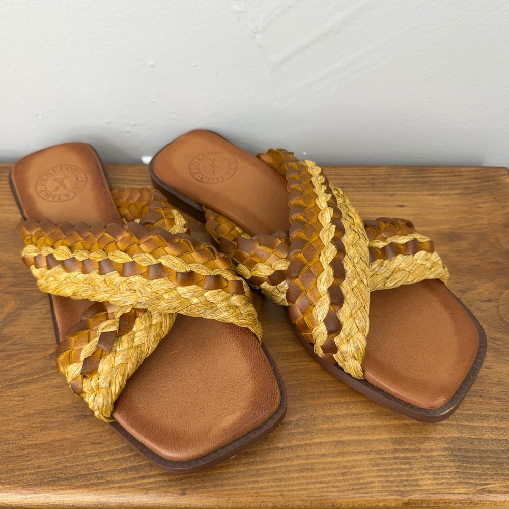 Penelope Chilvers Woven Leather Raffia Cross Slide Sandals Tan Yellow Size 39